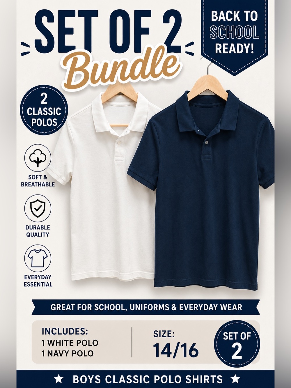 Boys Classic Polo Shirts-Back to School Collared Uniform Shirts-Size 14/16